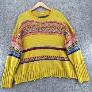Easel Sweater Women Large Yellow Multi Fair Isle Distressed Hem Pullover Stretch